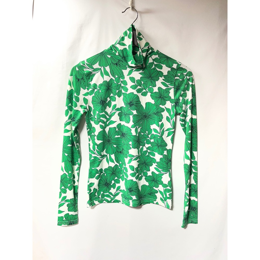 J.Crew Womens Floral Turtleneck Top Green White Long Sleeve XS Preppy Botanical